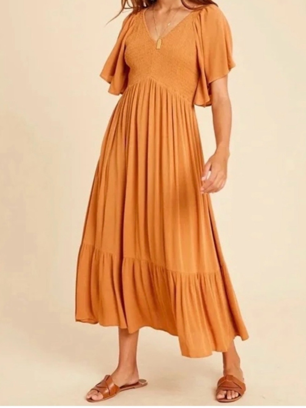 Smocked V-Neck Midi Dress in Warm Mustard